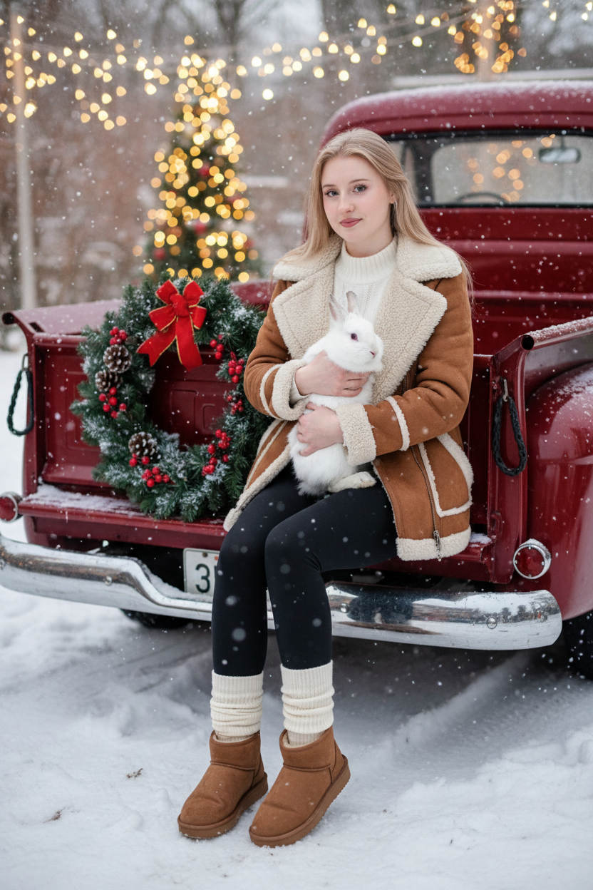Портрет молодой женщины, сидящей на кузове винтажного красного грузовика. Девушка держит на руках животное. На ней коричневая дубленка с белой окантовкой из овчины по воротнику, манжетам и карманам, под дубленкой белый свитер с горловиной, черные лосины тканевые без блеска, на ногах укороченные, высотой до щиколоток коричнево-бежевые угги на платформе и кремовые гетры до середины икр, выглядывающие из уггов. 
Девушка смотрит в камеру, на ее лице легкая улыбка. 

На грузовике — праздничный рождественский венок. На земле лежит снег.

Мягкий снег падает. Атмосфера — реалистичная, теплая и немного кинематографичная. Сияющие рождественские огоньки и украшения создают яркую теплую атмосферу. Разрешение 8K, акцент на текстуру одежды, снег и сверкающие огоньки на заднем фоне. —ar 3:4 —v.

Не меняй черты лица.  Держит на руках белого кролика
