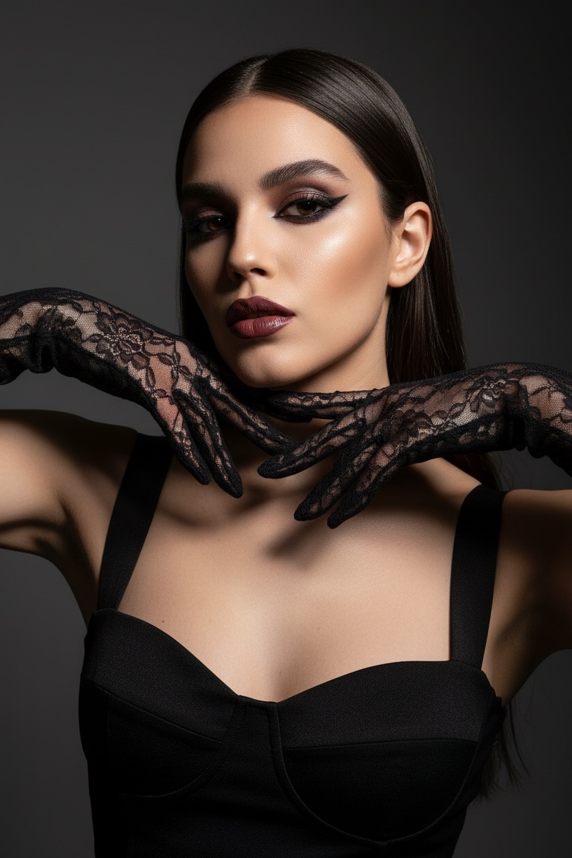 На моей фотографии крупным планом изображена гламурная женщина на темно-сером фоне, в прозрачных чёрных перчатках и чёрном платье. Она позирует, обрамляя лицо руками, отбрасывая на глаза эффектные тени. Яркий макияж глаз с аккуратной подводкой, гладкая и безупречная кожа, кинематографическое освещение, стиль высокой моды, атмосфера таинственности и соблазнительности. 