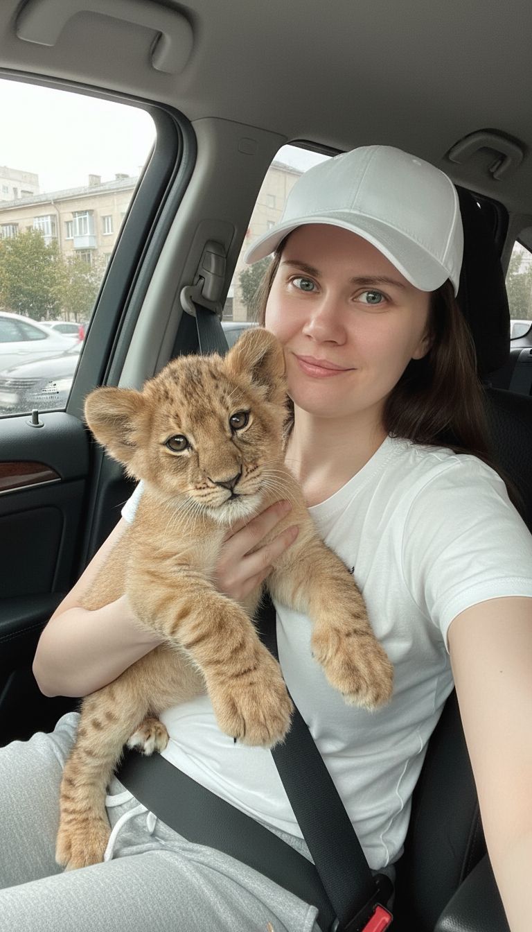 Сделай так, чтобы человек на фото держал в руке или в руках животное. Не меняй черты лица человека, максимально реалистичное фото, все должно остаться как было. Девушка в салоне автомобиля, одета в белую футболку, спортивные штаны и бейсболку держит в руках львенка. Девушка мио улыбается. 
