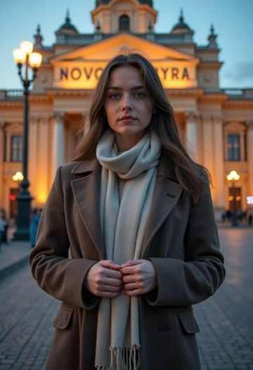 Женщина в длинном пальто и светлом шарфе стоит на фоне Новосибирского оперного театра, её руки аккуратно сложены перед собой, а взгляд направлен в камеру. Позади массивное здание театра и вечернее освещение. Крупный план, подчёркивающий элегантность и урбанистическую эстетику.
