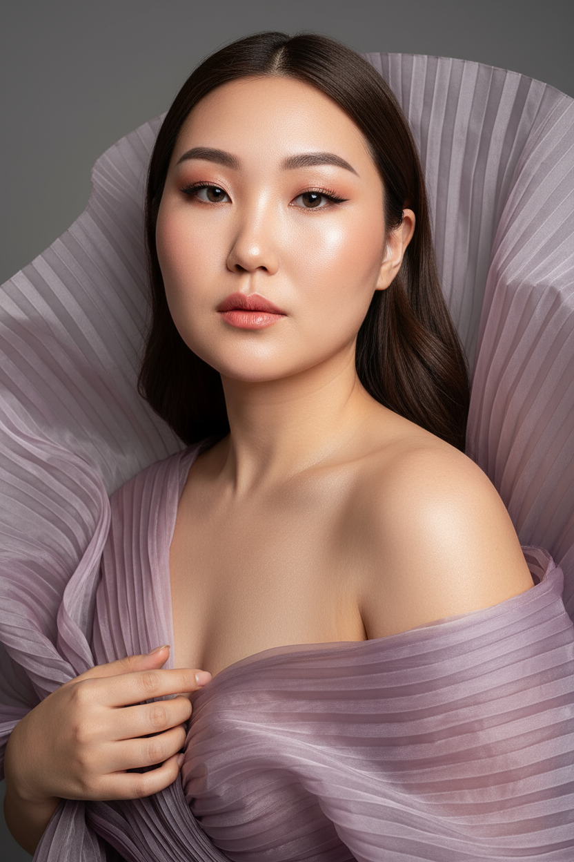    Создайте гиперреалистичный профессиональный студийный портрет женщины с волосами, уложенными на ровный пробор посередине, которые каскадом ниспадают на левое плечо (справа от зрителя) и частично скрыты за правым плечом (слева от зрителя). Камера снимается с немного низкого уровня глаз, глядя прямо на модель, охватывая ее от середины груди и выше. Голова слегка наклонена, взгляд прямой и притягательный.
Ее кожа безупречно гладкая и интенсивно сияет, словно подсвеченная мощным, сфокусированным источником света, подчеркивая мельчайшие поры и естественную текстуру кожи с сияющим, почти воздушным свечением, особенно в области декольте, плеч и верхних линий лица.

Её макияж тщательно проработан:
Глаза: чётко очерченные, ухоженные брови с заметными волосками, мягкие тени тёплых тонов (персиково-розовые и светло-коричневые) с лёгким мерцанием, чёткая чёрная подводка для глаз, создающая нежный кошачий взгляд, и идеально распущенные, объёмные ресницы, подчеркивающие каждую ресничку, с лёгким акцентом на нижних ресницах. Во внутреннем уголке глаза выделяется яркий блик. Радужки глаз отражают рассеянный студийный свет с изысканными узорами.
Щёки: лёгкий, растушёванный румянец натурального розового или персикового оттенка, изящно очерченные скулы и интенсивный, почти влажный блик на выступающих частях лица (скулы, переносица, дуга Купидона), создающий эффект увлажненности и сияния. Губы: губы нежного, естественного кораллово-розового или розово-персикового цвета с мягким атласным финишем, подчеркивающим тонкие естественные линии и текстуру губ, с лёгким бликом на дуге Купидона.

Она изящно одета в объёмную, струящуюся ткань с изящной плиссировкой, напоминающую прозрачный атлас или шёлк. Плиссированная ткань эффектно обрамляет фигуру, создавая объёмную, почти органичную форму, которая высоко поднимается за головой и огибает левое плечо (правое для зрителя), изящно струясь по груди и открывая обнажённые плечи. Материал обладает лёгким, сияющим блеском и мягкой полупрозрачностью, улавливая и отражая студийный свет, подчёркивая его роскошную текстуру и плавные движения. Складки очень детализированы, создавая глубокие тени и яркие блики, которые подчёркивают волнистую форму, а некоторые участки ткани также демонстрируют повышенную светоотражающую способность. Её правая рука (левая для зрителя) нежно касается ткани у груди, на ней видны ухоженные ногти. Освещение выполнено по принципу софтбокса, но с более сильным, концентрированным основным светом для создания интенсивного свечения, сохраняя при этом мягкие тени, которые подчёркивают черты её лица и изгибы плеч без резкости. Фон — гладкий, однотонный средне-серый, обеспечивающий чистый контраст и полностью фокусирующийся на модели. Общее впечатление — утончённая элегантность, изящество и гиперреалистичная детализация, передающая каждый нюанс её красоты, выражения лица и сложную текстуру её волос, кожи и одежды. Черты лица и особенности её внешности должны быть точно воспроизведены с референсной фотографии. Плиссированная ткань пыльно-лавандового цвета 