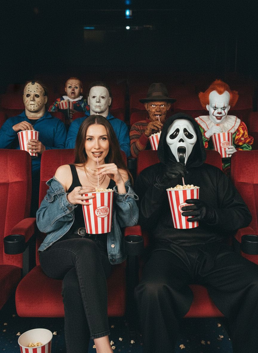 Создайте фотографию меня и Ghostface, сидящих рядом друг с другом и пьющих попкорн. Майкл Майерс, Фредди Крюгер и Чаки сидят в одном ряду позади нас, а Джейсон и Пеннивайз сидят в двух рядах позади нас в кинотеатре и едят попкорн. На ней изящные золотые украшения, включая изящные золотые ожерелья. На мне чёрная майка, свободная джинсовая куртка, свисающая с плеча, и чёрные джинсы. Её макияж простой, но гламурный: коричневый блеск для губ и коричневый карандаш для губ. Фотография должна быть в стиле 90-х с зернистым эффектом. Моё лицо должно быть точно таким же.