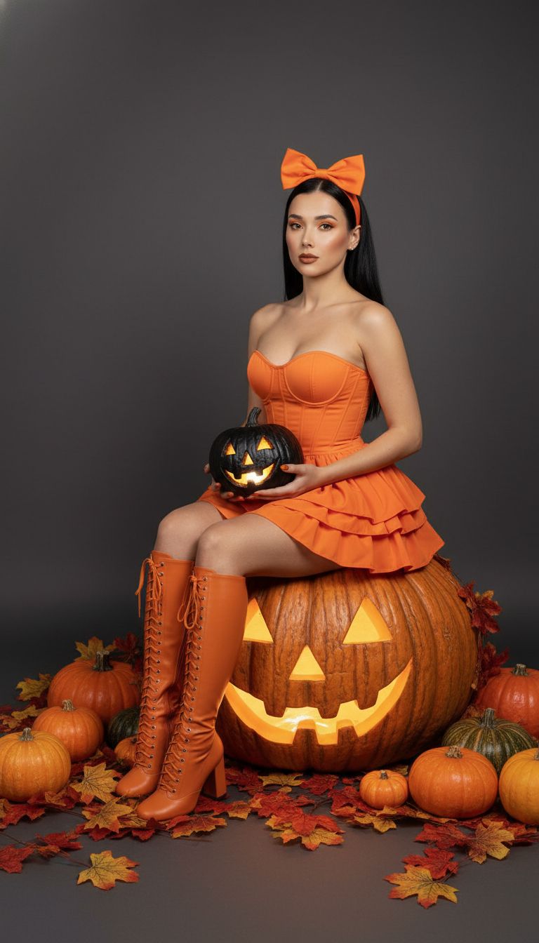 Создайте ультрареалистичное изображение человека на фотографии. На фотографии изображена женщина, сидящая на огромной, текстурированной, реалистичной тыкве с изогнутым лицом (подсвеченной изнутри). На снимке изображена фотостудия с однотонным темно-серым или черным фоном. Костюм женщины: длинные прямые черные волосы, ниспадающие на плечи. Полностью оранжевый ансамбль. Эстетика Хэллоуина и осени. На ней корсет без бретелек и короткая пятиярусная юбка с оборками яркого оранжевого оттенка. Подходящие к нему высокие сапоги до колена того же цвета со шнуровкой спереди. Разместите изображение на фоне фотостудии со светло-серым фоном и поставьте ее рядом с гигантской тыквой (подсвеченной изнутри), обхватив ее одной рукой. На земле также находятся тыквы разных оттенков и размеров, а также осенние листья и сухие листья разных осенних оттенков.
Освещение мягкое и равномерно распределенное, подчеркивая теплые цвета декораций и костюма на темном фоне. Короче говоря, это фотография в стиле пин-ап или фэшн на тему Хэллоуина и осени, в центре которой – женщина в оранжевом наряде, окруженная тыквами и подсолнухами. По всему полу разбросаны гирлянды из кленовых листьев, осенних листьев и сухих осенних листьев. Карандаш для губ у неё тёмно-коричневый. Помада – оранжево-коричневая. На веках – яркие золотисто-оранжевые тени. Немного хороших румян. На голове – ярко-оранжевый ободок с таким же ярко-оранжевым бантом. Миндалевидные ногти тёмно-оранжевые. На коленях у неё маленькая, пупырчатая чёрная тыква (подсвеченная изнутри).
Не меняй моё лицо.