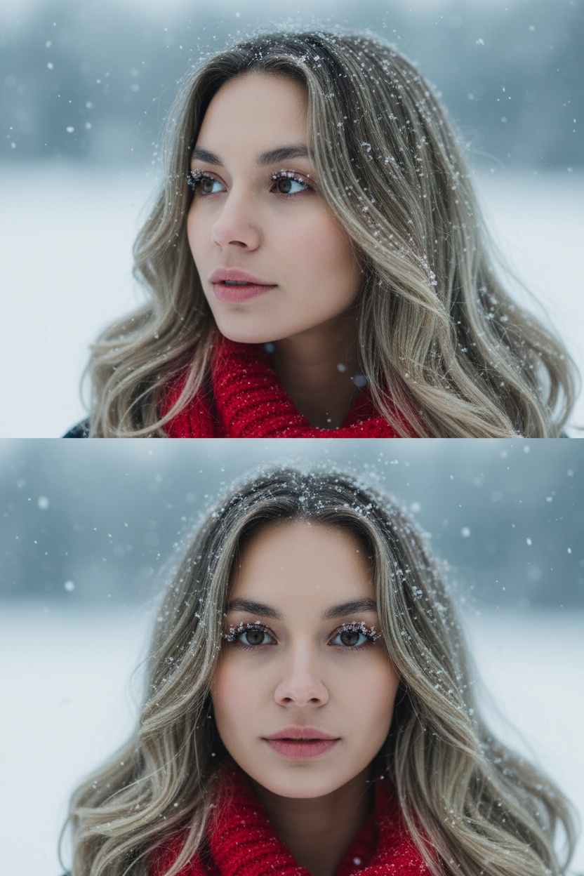 Создай коллаж из двух кадров человека, снятых крупным планом на улице зимой. Камера расположена близко, чтобы в кадре были видны лицо, шея и часть одежды. Главный акцент — на лице, глазах и снежинках, которые легли на волосы и ресницы.

Освещение мягкое, естественное, как в пасмурный зимний день. Вокруг падает лёгкий снег, отдельные снежинки чётко видны в воздухе и на коже. Фон — мягко размытый, с холодными оттенками (бело-голубой, серо-синий).

Первый кадр — человек смотрит в сторону, выражение мягкое, задумчивое, естественное. Крупный план лица, видно часть красного шарфа.
Второй кадр — прямой взгляд в камеру, нейтральное или лёгкое выражение лица, ресницы в снегу. Крупный план лица, видно часть красного шарфа.

Кожа чистая и естественная, без ретуши, текстура лица и губ сохранена. Фото выглядят как профессиональная зимняя портретная съёмка крупным планом, с эффектом свежести и спокойствия.

Оба кадра объединены в вертикальный коллаж в едином тоне и свете. Атмосфера — реалистичная, теплая и немного кинематографичная.
