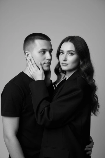 Черно-белый портрет мужчины и женщины в стиле фэшн фотосессии в фотостудии. Не изменяйте лица. Фон нейтральный, однотонный, светло-серый. Атмосфера интимная и спокойная. На переднем плане женщина. Она одета в черный оверсайз пиджак и черный топ. Мужчина одет в в черной футболке. Вся композиция выполнена в приглушенной монохромной гамме со студийным освещением, которое подчеркивает текстуру кожи и одежды.  Женщина держит лицо мужчины обеими руками, он смотрит на неё с нежностью, их глаза сияют.