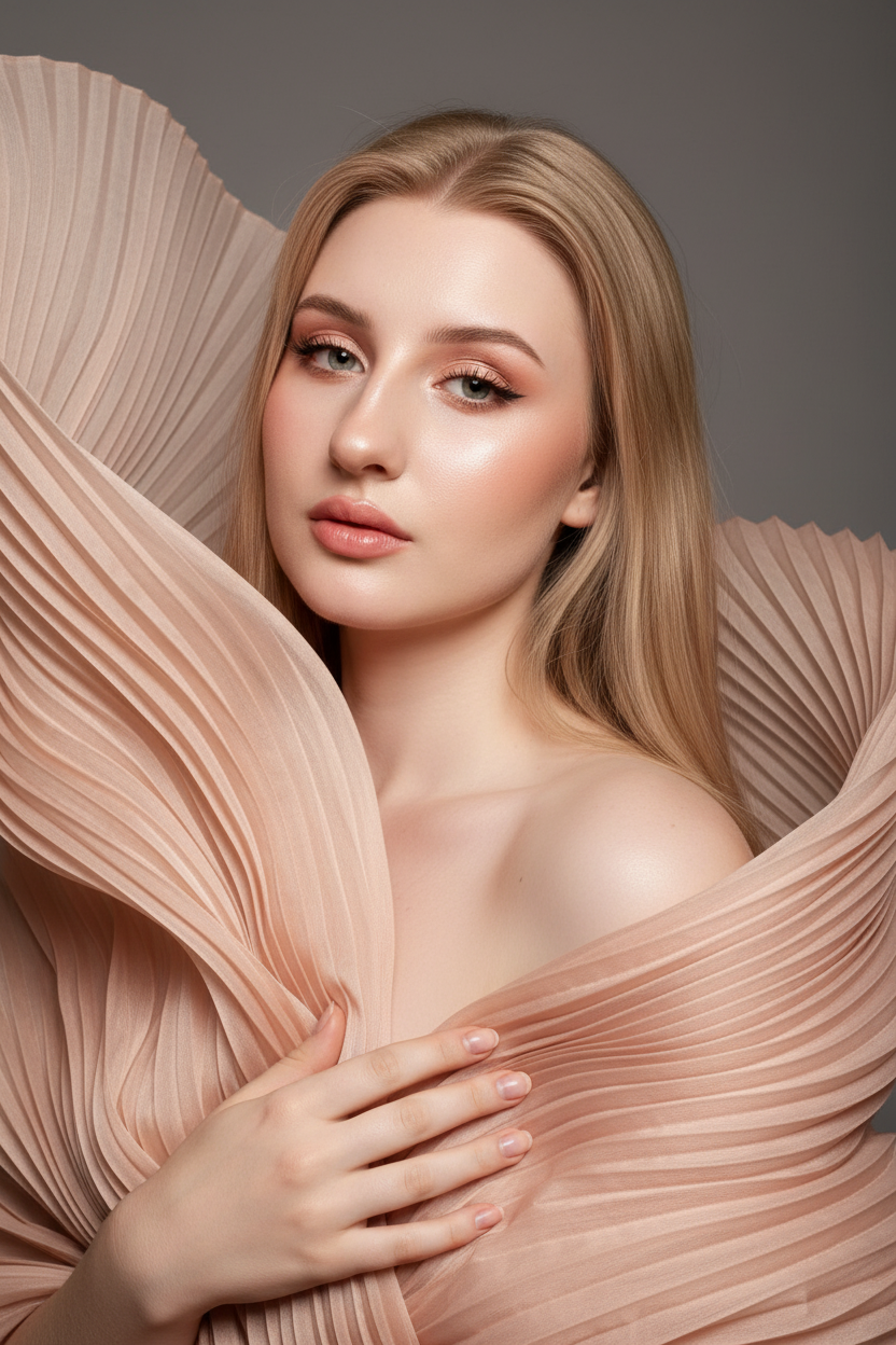    Создайте гиперреалистичный профессиональный студийный портрет женщины с волосами, уложенными на ровный пробор посередине, которые каскадом ниспадают на левое плечо (справа от зрителя) и частично скрыты за правым плечом (слева от зрителя). Камера снимается с немного низкого уровня глаз, глядя прямо на модель, охватывая ее от середины груди и выше. Голова слегка наклонена, взгляд прямой и притягательный.
Ее кожа безупречно гладкая и интенсивно сияет, словно подсвеченная мощным, сфокусированным источником света, подчеркивая мельчайшие поры и естественную текстуру кожи с сияющим, почти воздушным свечением, особенно в области декольте, плеч и верхних линий лица.

Её макияж тщательно проработан:
Глаза: чётко очерченные, ухоженные брови с заметными волосками, мягкие тени тёплых тонов (персиково-розовые и светло-коричневые) с лёгким мерцанием, чёткая чёрная подводка для глаз, создающая нежный кошачий взгляд, и идеально распущенные, объёмные ресницы, подчеркивающие каждую ресничку, с лёгким акцентом на нижних ресницах. Во внутреннем уголке глаза выделяется яркий блик. Радужки глаз отражают рассеянный студийный свет с изысканными узорами.
Щёки: лёгкий, растушёванный румянец натурального розового или персикового оттенка, изящно очерченные скулы и интенсивный, почти влажный блик на выступающих частях лица (скулы, переносица, дуга Купидона), создающий эффект увлажненности и сияния. Губы: губы нежного, естественного кораллово-розового или розово-персикового цвета с мягким атласным финишем, подчеркивающим тонкие естественные линии и текстуру губ, с лёгким бликом на дуге Купидона.

Она изящно одета в объёмную, струящуюся ткань с изящной плиссировкой, напоминающую прозрачный атлас или шёлк. Плиссированная ткань эффектно обрамляет фигуру, создавая объёмную, почти органичную форму, которая высоко поднимается за головой и огибает левое плечо (правое для зрителя), изящно струясь по груди и открывая обнажённые плечи. Материал обладает лёгким, сияющим блеском и мягкой полупрозрачностью, улавливая и отражая студийный свет, подчёркивая его роскошную текстуру и плавные движения. Складки очень детализированы, создавая глубокие тени и яркие блики, которые подчёркивают волнистую форму, а некоторые участки ткани также демонстрируют повышенную светоотражающую способность. Её правая рука (левая для зрителя) нежно касается ткани у груди, на ней видны ухоженные ногти. Освещение выполнено по принципу софтбокса, но с более сильным, концентрированным основным светом для создания интенсивного свечения, сохраняя при этом мягкие тени, которые подчёркивают черты её лица и изгибы плеч без резкости. Фон — гладкий, однотонный средне-серый, обеспечивающий чистый контраст и полностью фокусирующийся на модели. Общее впечатление — утончённая элегантность, изящество и гиперреалистичная детализация, передающая каждый нюанс её красоты, выражения лица и сложную текстуру её волос, кожи и одежды. Черты лица и особенности её внешности должны быть точно воспроизведены с референсной фотографии. Плиссированная ткань нежного, приглушённого персикового или пыльно-розового цвета