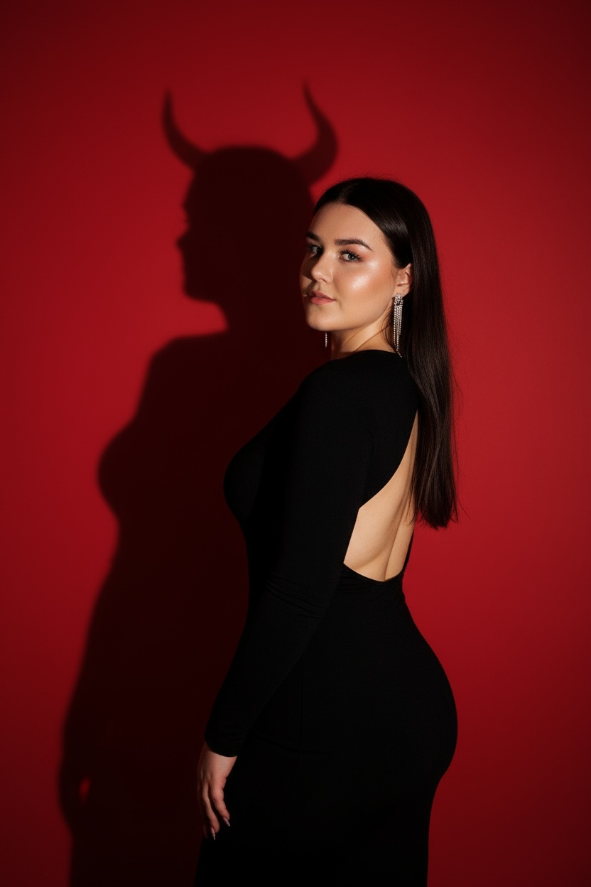 Средний портрет в профиль, девушка стоит боком к камере, лицо повернуто к зрителю. Позади на фоне четкая крупная тень, которая имеет силуэт девушки с рогами — визуальный акцент всей сцены. На девушке обтягивающие черное платье с длинными рукавами, глубокий вырез на спине. Макияж деликатный, акцент на губах и глазах, длинные волосы. Висят длинные серьги. Гладкий красный фон, на котором отбрасывается выразительная тень с большими изогнутыми рогами, как у быка или мифического существа. Окружение минималистичное, ничего лишнего — только девушка и её необычная тень. Важно: не изменять лицо.