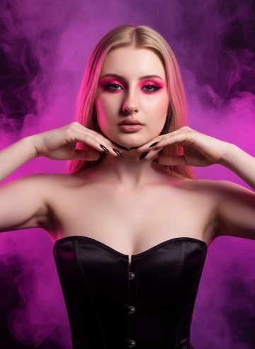  @тгк: genovacgx: A stunning, fashionable portrait of me, on a bright purple and neon pink background with smoke. Focus on intense, smoky eye makeup with a sharp black eyeliner and bright pink eyeshadows. The position of the head and body is even, straight into the camera. She has dark, sharp nails, and Randomly choose between two poses:
1: Hands gently holding the face with palms on the cheeks.
2: Holds his hands close to his face. Dressed in a black corset Cinematic studio lighting, deep shadows, small depth of field, detailed skin texture, editorial photography taken with a high-resolution camera, Kodak Ektachrome film style.