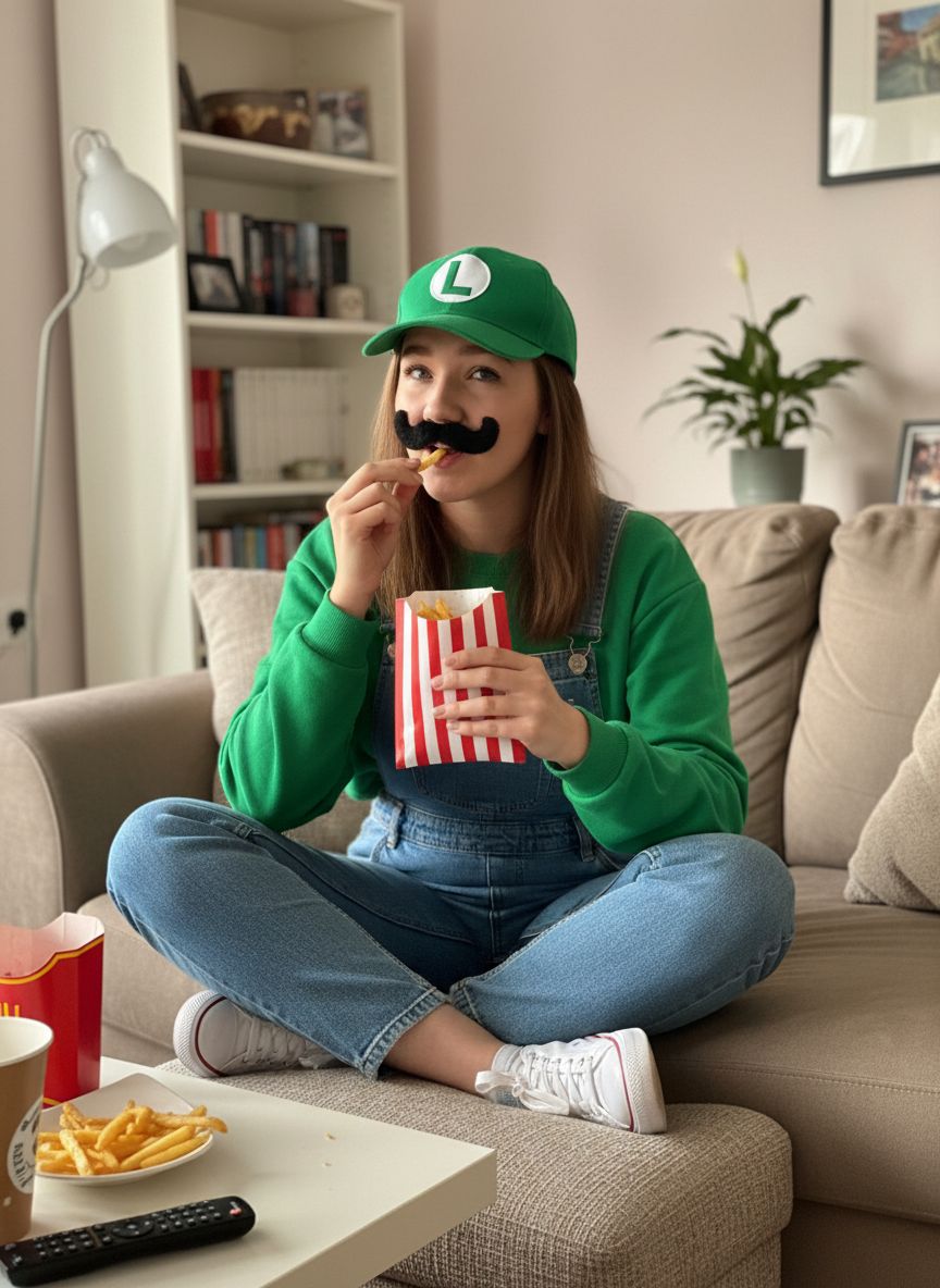 Неформальное фото женщины в костюме Луиджи дома вечером. Она сидит на диване и ест картошку фри из бумажного пакета. Костюм: зелёный укороченный свитшот, джинсовый комбинезон, зелёная кепка с буквой «L», белые кеды и накладные усы. Волосы распущены, макияжа почти нет. Реалистичный забавный снимок с естественным освещением.