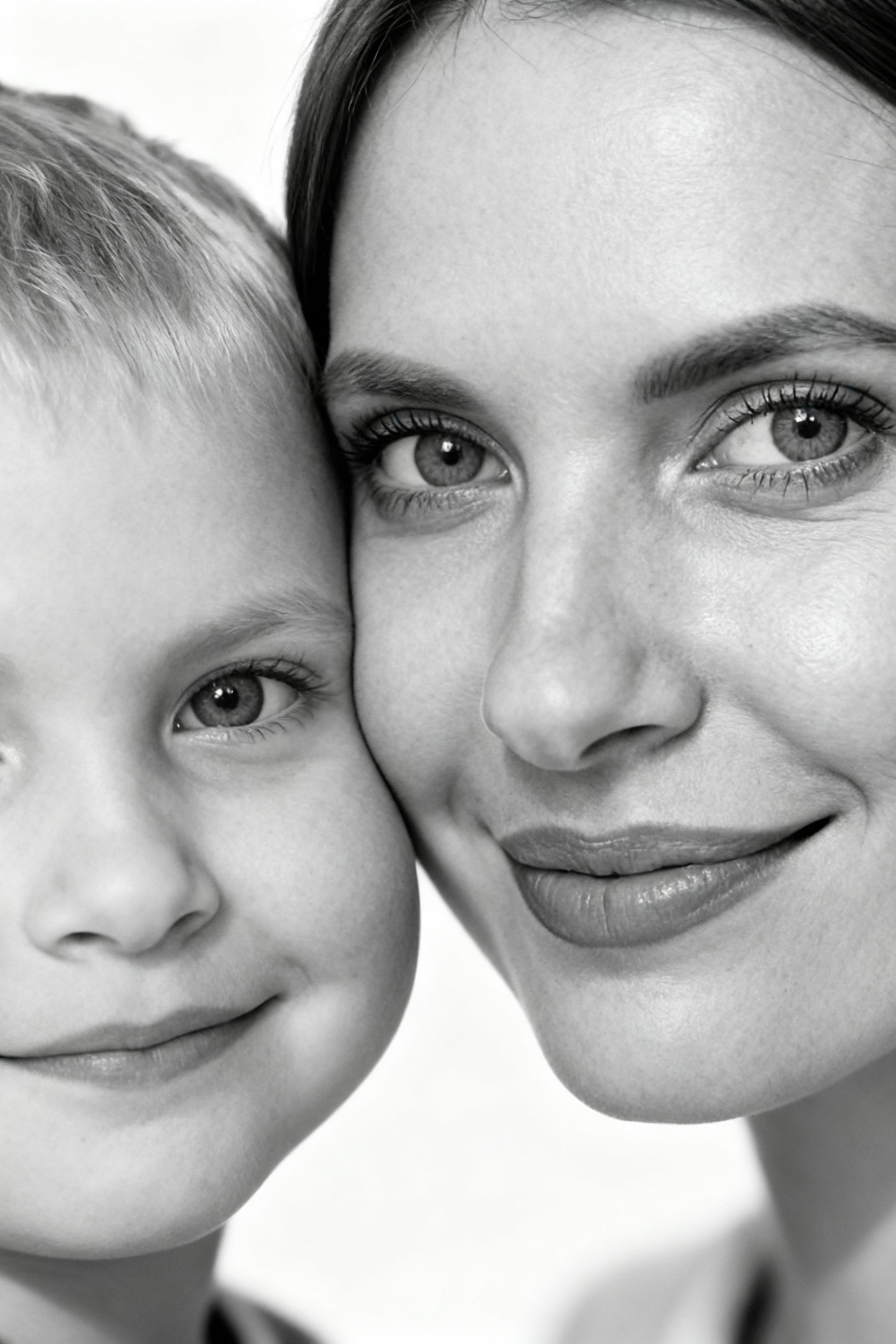 Сверхреалистичная черно-белая художественная фотография 8K женщины и ребенка, снятая очень крупным планом, щека к щеке так что видны только правая половина лица женщины и левая половина лица ребенка. которые смотрят в камеру. Их лица расположены рядом, почти соприкасаясь, образуя идеально сбалансированную симметричную композицию. Каждая деталь передана с фотографической точностью: тонкая текстура кожи и плавные градиенты света и тени. Видимая половина женщины включает ее бровь, один глаз , часть ее носа, щеку и губы, слегка приоткрытые в нежной, естественной улыбке, Видимая половина ребенка включает один глаз , круглую мягкую щеку, часть носа и небольшую улыбку, Фон белый и слегка размытый, что подчеркивает эмоциональную близость между ними. Освещение мягкое и рассеянное, создает деликатный контраст и тональную глубину. На снимке запечатлены нежность, близость и связь между матерью и ребенком, запечатленные с потрясающей реалистичностью. Не меняй черты лиц. 