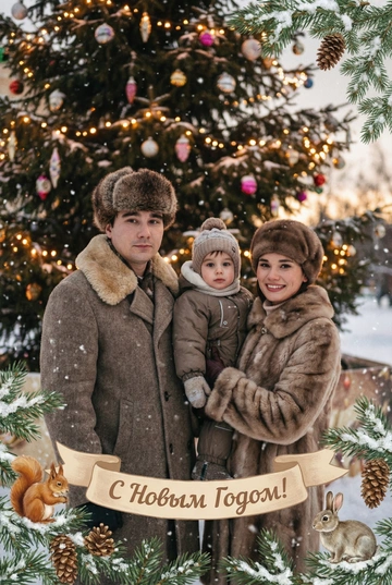   создай новогоднюю фотографию в стиле советского фильма: лица максимально похожи на исходное фото, на улице, в старой зимней одежде (пальто/шуба с меховым воротником, меховая шапки из ондатры или норки). Идёт снег. На фоне размытая украшенная советскими стеклянными игрушками ёлка с гирляндами и тёплыми огоньками. Внизу бежевая декоративная лента с надписью. Рамка по краям из еловых веток со снегом, добавить шишки, белочек и зайчиков. Атмосфера уюта и ностальгии, мягкие кистевые мазки, тонкая плёночная зернистость, мягкая глубина резкости. Надпись на ленте: "С Новым Годом!"