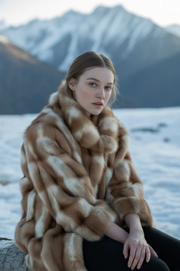Женщина среди заснеженных гор, в роскошной соболиной шубе теплого орехового оттенка с массивным воротником. В среднем плане она слегка полусидит на снежном бревне, смотрит в камеру, волосы распущены, макияж естественный. Атмосфера винтажной фотосессии с акцентом на натуральном мехе и ретро-стиле.