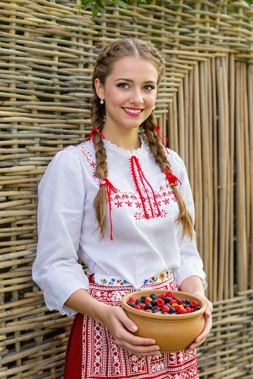 Женщина в традиционном русском сарафане с белой льняной рубахой и алыми лентами на заплетённой косе стоит у плетёного забора. В руках держит глиняный горшок с ягодами, мягко улыбается и уверенно смотрит прямо в камеру. Средний план, лето.