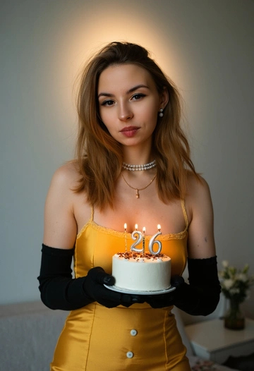 Женщина позирует в фотостудии. На женщине Желтое сатиновое платье без бретелей, подчёркивающее силуэт, жемчужный чокер на шее, черные бархатные перчатки выше локтя. Прическа - мягкие локоны. Макияж - четкие черные стрелочки на глазах, губы окрашены в ярко красный цвет. Реалистичная сияюзая текстура кожи, профессиональный макияж. Один свет прожектора, фон - градиент от темно-серого к белому с круглым световым пятном, чёткая тень за спиной. Высокое разрешение, ультрареалистичный, 8K, стиль студийной модной фотографии. Она стоит в чёрном элегантном платье без бретелей, в руках небольшой белый минималистичный торт с горящими серебристыми свечами в виде цифр «26». Фон светлый, мягкий свет создаёт аккуратную тень позади. Взгляд направлен в камеру, улыбка лёгкая.