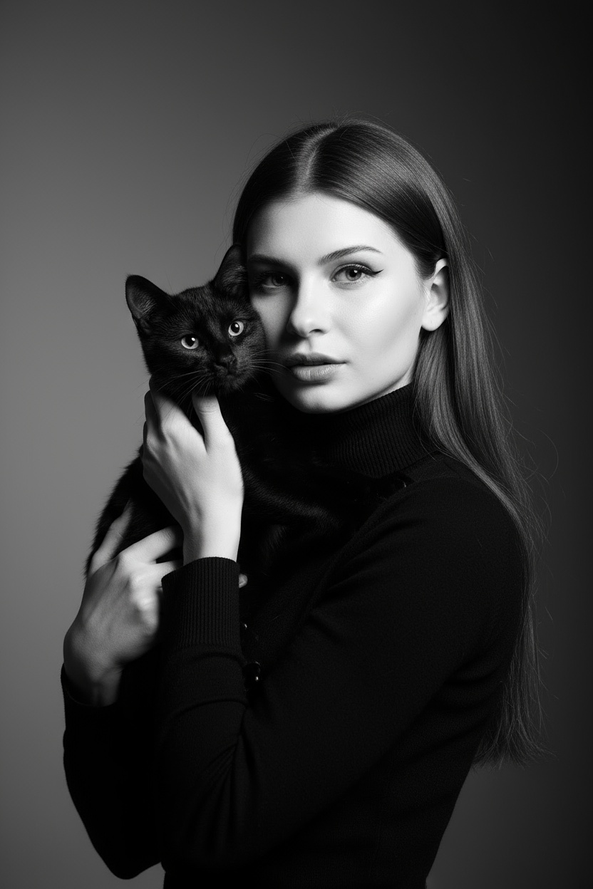 Высококонтрастный черно-белый портрет женщины в черной водолазке, держащей чёрную кошку у лица. Композиция напряжённая и интимная: оба персонажа смотрят прямо в камеру с одинаковой интенсивностью. Яркое и направленное освещение создаёт глубокие тени и подчёркивает контраст между их бледной кожей и тёмной шерстью кошки. Выражение её лица спокойное и уверенное, глаза подведены чётко, а гладкие прямые волосы естественно ниспадают на одно плечо. Фон - градиент от серого к темно-серому. Общее настроение таинственное, элегантное и кинематографичное, напоминающее портрет из модного журнала с готическим подтекстом.