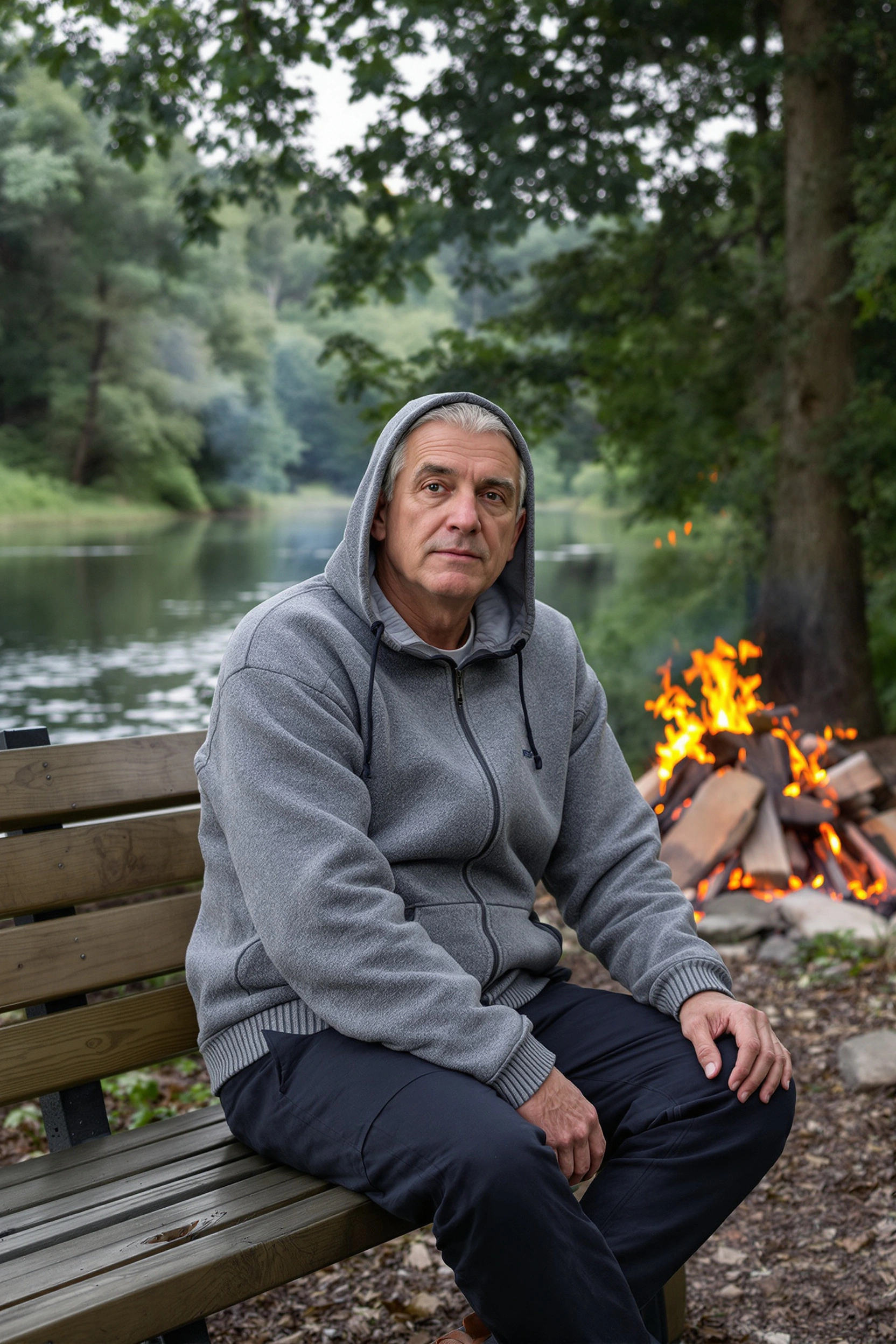 Мужчина 50-60 лет в серой флисовой толстовке и темных практичных брюках сидит на деревянной скамейке у костра на берегу реки, вокруг лесная зелень, средний план, смотрит прямо в камеру, спокойная атмосфера летнего вечера.