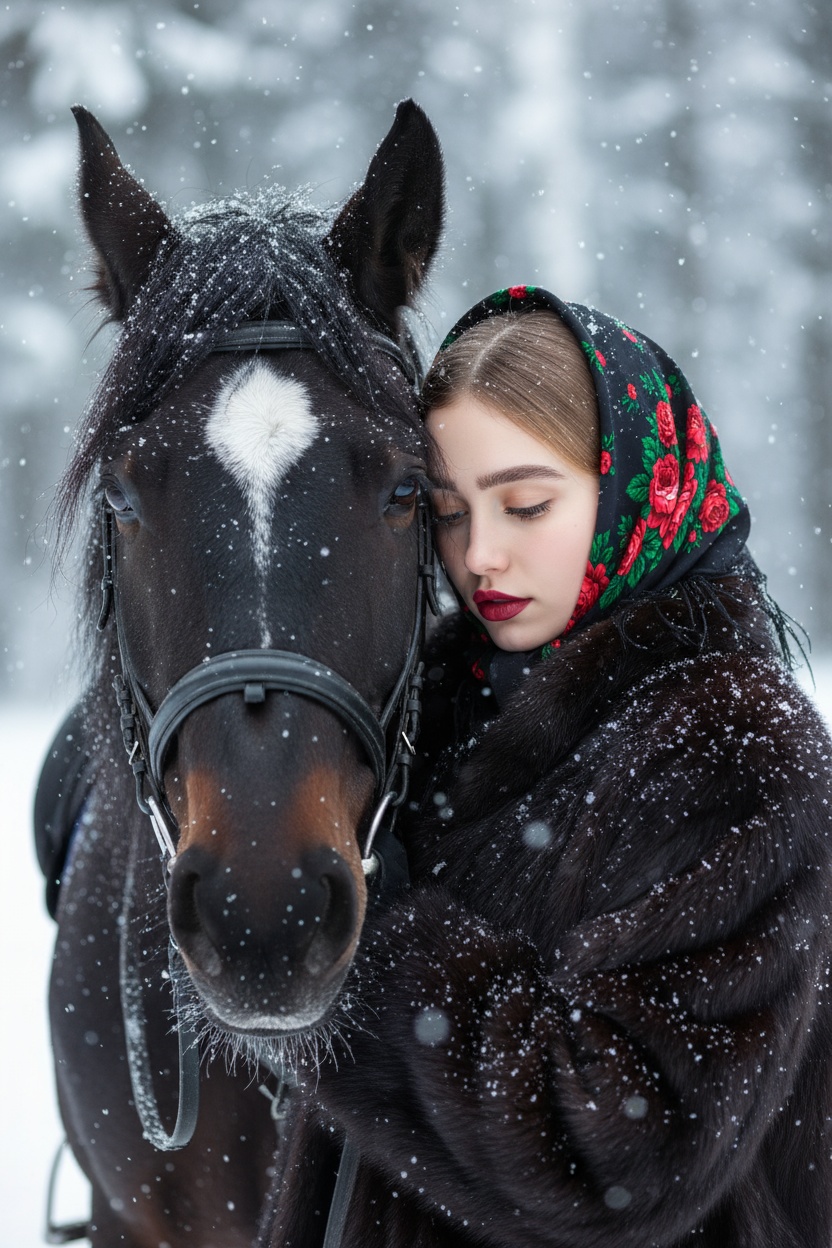 На изображении крупным планом показаны девушка и лошадь в зимней обстановке. Снег падает, создавая эффект заснеженности.девушка, одетая в шубу, обнимает лошадь. у девушки нарощенные ресницы. Девушка смотрит вниз и обнимает лошадь. На ее голове надет черный платок с ярким цветочным узором, включающим красные розы и зеленые листья. На ее губах нанесена красная помада.Лошадь темной масти, на лбу у нее белое пятно в форме ромба. На голове лошади надета упряжь. Мех и шерсть обоих покрыты снежинками.Фон представляет собой размытый зимний пейзаж с деревьями. На девушке пушистая соболиная шуба