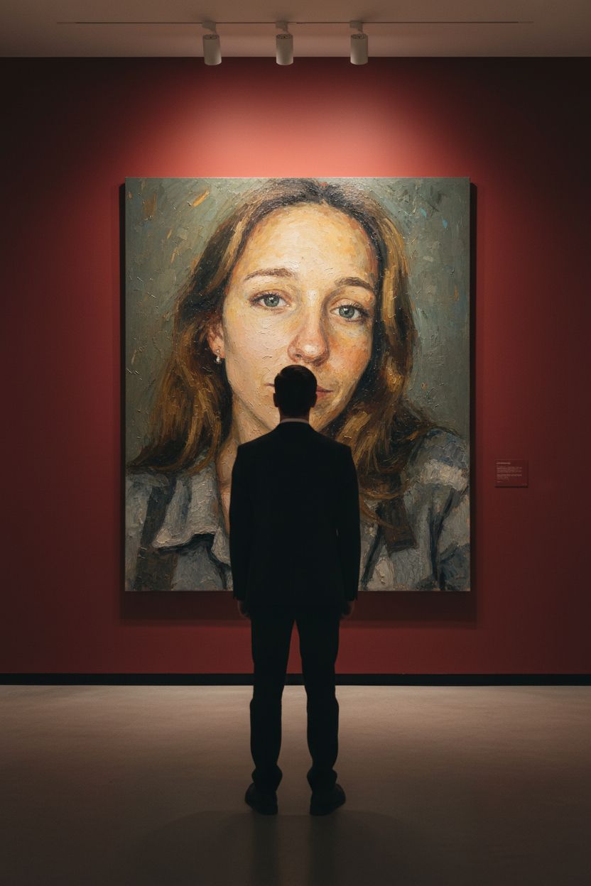 Создай сцену в галерее современного искусства, используй прилагаемое изображение лица и внешности человека, не меняя черты лица. На стене висит большой портрет человека маслом. Её лицо и верхняя часть тела написано в реалистичной, экспрессивной манере масленной живописи с текстурированными мазками и приглушенными цветами. Чистая красная стена галереи создаёт профессиональную атмосферу выставки благодаря мягкому освещению, освещающей произведения искусства. Перед картиной с видом сзади, стоит мужчина рассматривая картину, что придаёт сцену кинематографическое и таинственное настроение.