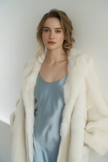Женщина в студии на белом фоне в белоснежной норковой шубе свободного кроя, под ней нежно-голубое шелковое платье-комбинация. Стоит в расслабленной позе, смотрит прямо в камеру, на лице естественный макияж, волосы распущены мягкими волнами, образ женственный и уютный.