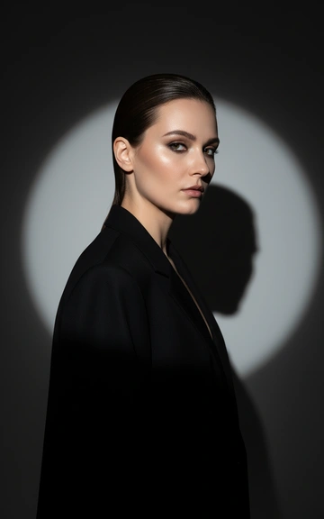 Модная фотосессия в студии, женщина одета в чёрный свободный пиджак, волосы гладко зачёсаны назад, профессиональный макияж, один прожектор, тёмный фон с круглым световым пятном, чёткая тень за спиной, кинематографичный свет, драматичный минимализм, модная съёмка для журнала, очень реалистично, средний и крупный план, лицо в фокусе, детализированная текстура кожи. крупный портрет женщины в полупрофиль, одна сторона лица освещена, другая в тени, кинематографичный свет
