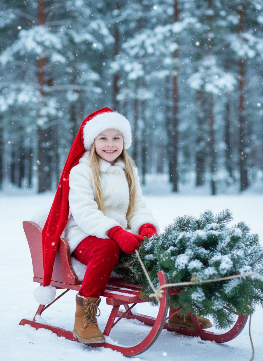 Создайте фотографию счастливого улыбающегося ребенка в 8K-качестве, в длинной шапке Санты, доходящая до бёдер, красных варежках и  и белое зимнее пальто или куртка с отделкой и подкладкой из белого меха или шерпы на воротнике, манжетах и ​​спереди поверх красных бархатных брюк. Коричневые ботинки из замши со шнурками. Ребенок сидит на санках. К санкам на веревке привязана свежесрубленная сосна (ель). На заднем плане — заснеженный лес. Это идиллическая и праздничная зимняя фотография с мягким падающим снегом. Сохраните черты лица человека на представленном фото.