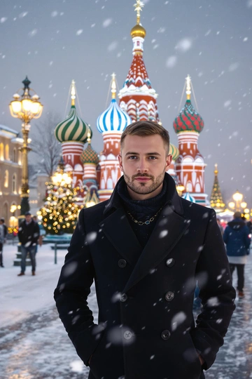 Мужчина в элегантном темном пальто стоит на фоне заснеженной Красной площади, позади ярко освещённый Собор Василия Блаженного, смотрит прямо в камеру, вокруг праздничная зимняя атмосфера.