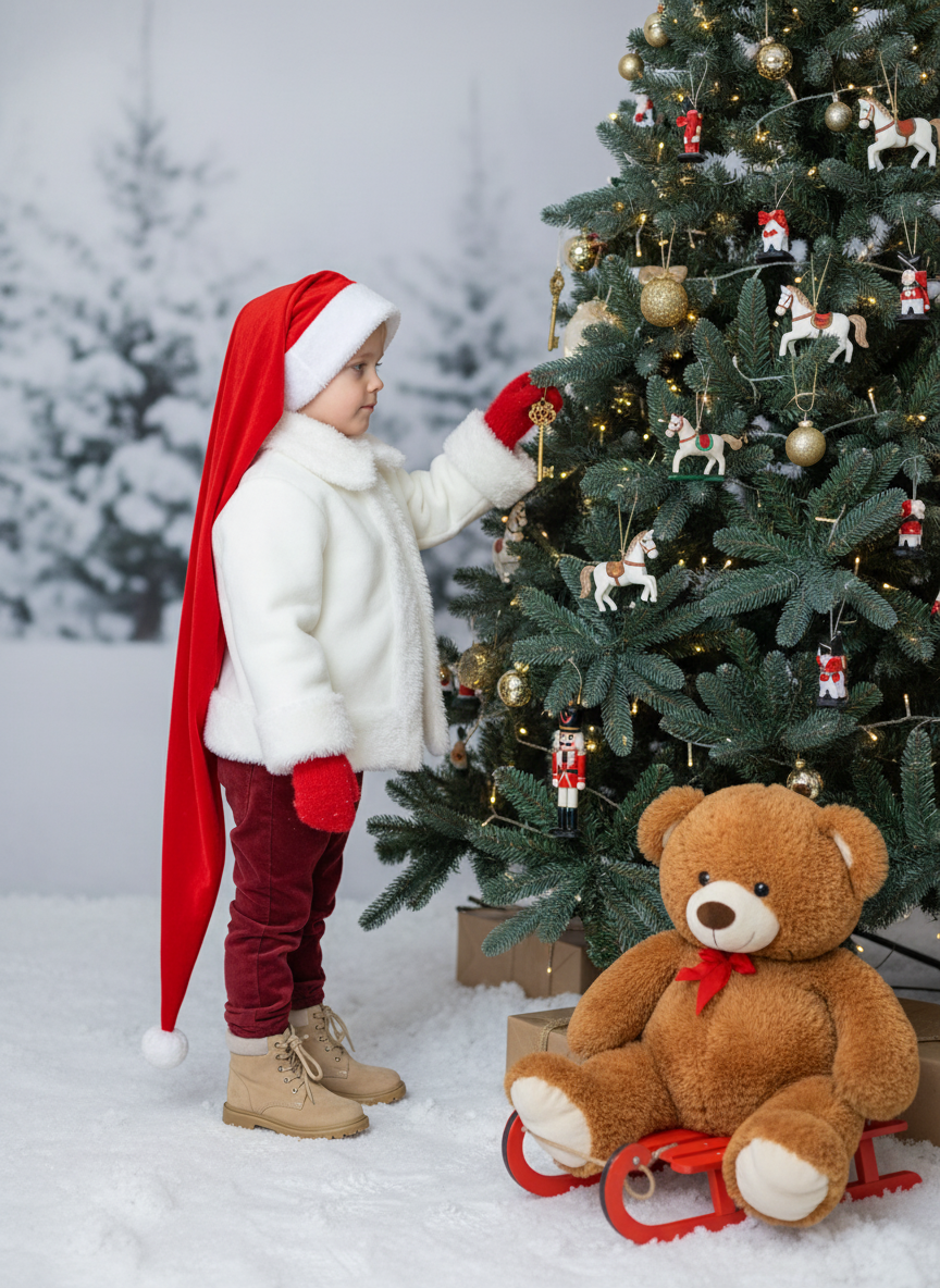 Создайте фотографию ребёнка. Ребенок перед елкой. Ребёнок вешает новогоднюю игрушку на елку. Стоит на носочках. Рядом с ним плюшевый медведь, сидящий на деревянных санках перед ним. Поза спокойная и мягкая, тело чуть наклонено вперёд. Одна нога немного согнута в колене. На елки игрушечные лошадки, оловянные солдатики, щелкунчик, золотой ключик из сказки Буратино, гирлянда и новогодние шары. На ребенке длинная, непропорционально большая красная шапка в стиле Санта-Клауса, доходящая до бёдер, и белое зимнее пальто или куртка с отделкой и подкладкой из белого меха или шерпы на воротнике, манжетах и ​​спереди. На нём тёмно-красные/бордовые бархатные или тёплые тканевые брюки и красные варежки. Бежевые замшевые ботинки со шнурками. На земле лежит свежий снег с дорожкой от санок и следов от ботинок, а размытые деревья (ели) на заднем плане создают мягкую глубину. Рассеянное освещение навевает мысли о пасмурном зимнем дне, а общий тон изображения создаёт волшебную и игривую атмосферу. Сохраните черты лица человека на представленной фотографии такими, какие они есть.