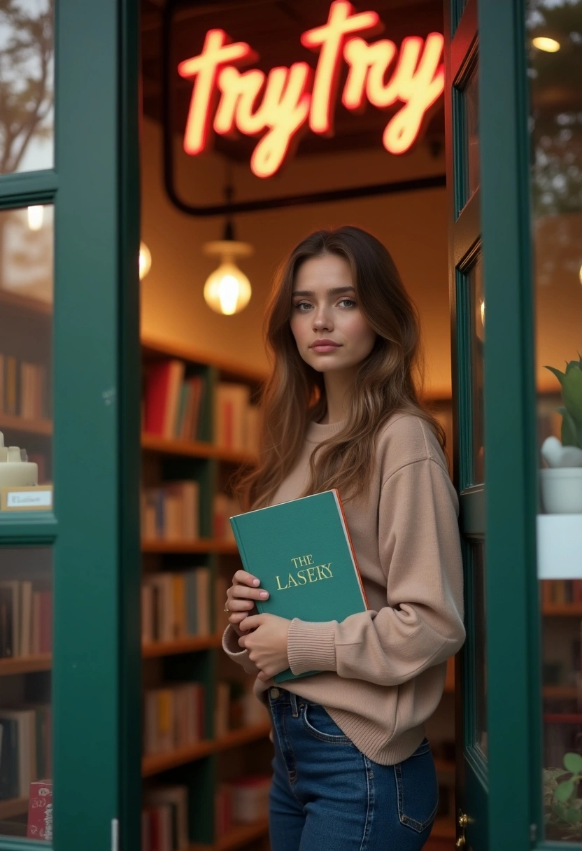 Женщина с книгой в руках стоит у входа в литературный магазин, за спиной яркая вывеска, смотрит прямо в камеру