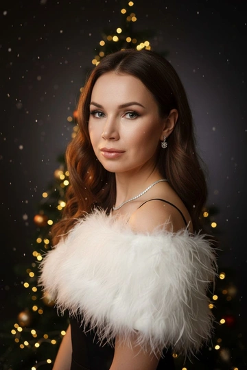 Праздничная студийная фотосессия. Женщина одета в черное вечернее платье на тонких бретелях, с белой пушистой накидкой из перьев. Фон — градиент от черного к тёмно-серому, мягкий тёплый направленный свет сбоку, лёгкие светлые частицы в воздухе создают эффект падающего снега. Позади стоит минималистичная рождественская ель, украшенной только гирляндой тёплого света. Атмосфера — элегантная, глянцевая, как для зимней рекламной кампании или обложки журнала. Реалистичный стиль, чистая кожа, аккуратный макияж, акцент на блеске украшений и фактуре перьев. Волосы длинные, блестящие и густые. Очень крупный план. Кадр сосредоточен на лице и линии плеч, перья частично закрывают подбородок. Свет тёплый, падает сбоку, выделяя ресницы и текстуру кожи. Атмосфера кинематографичная, загадочная.