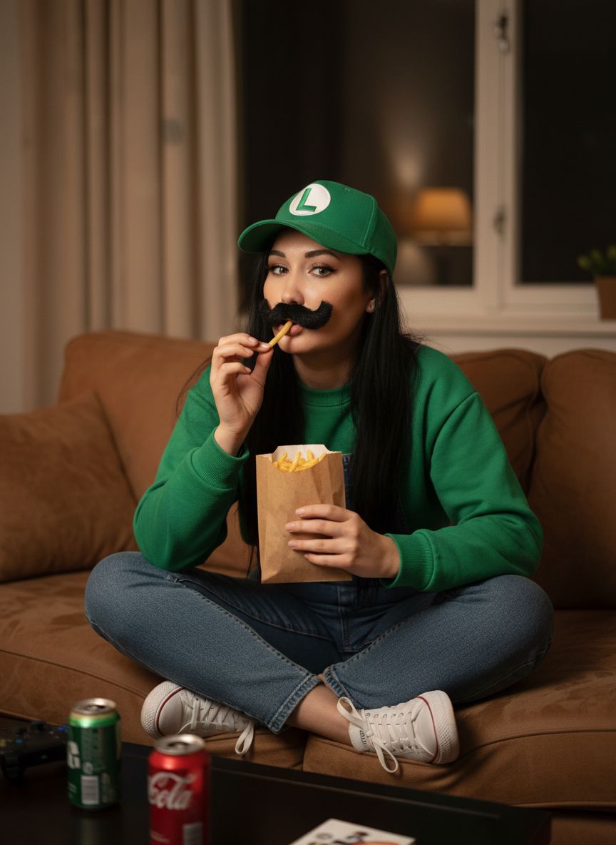Неформальное фото женщины в костюме Луиджи дома вечером. Она сидит на диване и ест картошку фри из бумажного пакета. Костюм: зелёный укороченный свитшот, джинсовый комбинезон, зелёная кепка с буквой «L», белые кеды и накладные усы. Волосы распущены, макияжа почти нет. Реалистичный забавный снимок с естественным освещением.