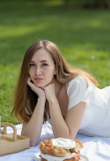 На фото женщина в парке на пикнике. Женщина одета в летнее платье белого цвета с пышными рукавами. Атмосфера летняя, солнечная. Цвет фото насыщенный, сочный. На фоне аккуратная ухоженная зеленая трава. Крупный план: лежит на белом полотне, подпирая подбородок руками, взгляд в сторону