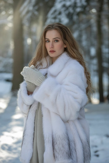 Женщина в заснеженном лесу в длинной белой шубе с пушистым воротником, под шубой светло-бежевое вязаное платье средней длины. Стоит в анфас, смотрит в камеру, на лице натуральный макияж, волосы свободно распущены, в руках белая шерстяная варежка, выглядит элегантно и нежно.