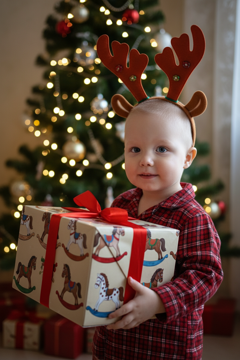 Используйте отправленную мной фотографию в качестве референса. Камера снимается немного выше уровня глаз, глядя прямо на модель, охватывая от середины груди и выше.  На изображении человек держит подарочную коробку  (размер 50х500х50 сантиметров) с крышкой, перевязанную красной лентой. На коробке нарисованные игрушечные лошадки. На фоне размытая рождественская или новогодняя елка. Лицо в три четверти (3/4), Модель в красной пижамной рубашке в клетку. Смотрит в камеру с легкой улыбкой, как будто предвкушая открыть свой подарок. 

Освещение выполнено по принципу софтбокса, но с более сильным, концентрированным основным светом для создания интенсивного свечения, сохраняя при этом мягкие тени, которые подчёркивают черты лица человека. 
Гиперреалистичная детализация, передающая каждый нюанс красоты, выражения лица и сложную текстуру волос, кожи и одежды. Атмосфера новогоднего праздника.  На голове у ребенка рождественский ободок с коричневыми оленьими рогами