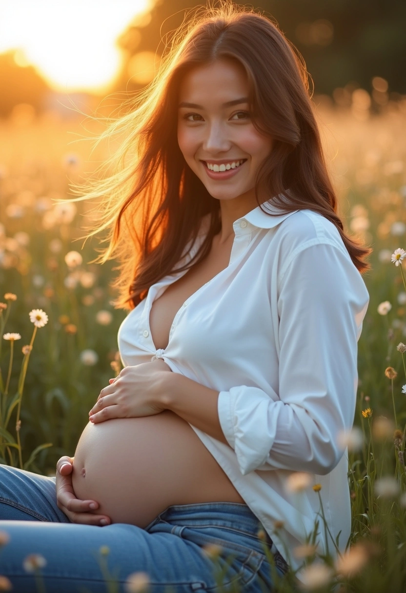 Кешкі күннің алтын нұрына бөленген жүкті әйел көк шалғында отыр. Ол құрсағын мейіріммен сипап, көздері үміт пен қуанышқа толы. Жел баяу шашын тербетіп, айналада нәзік жабайы гүлдер жайқалып тұр.