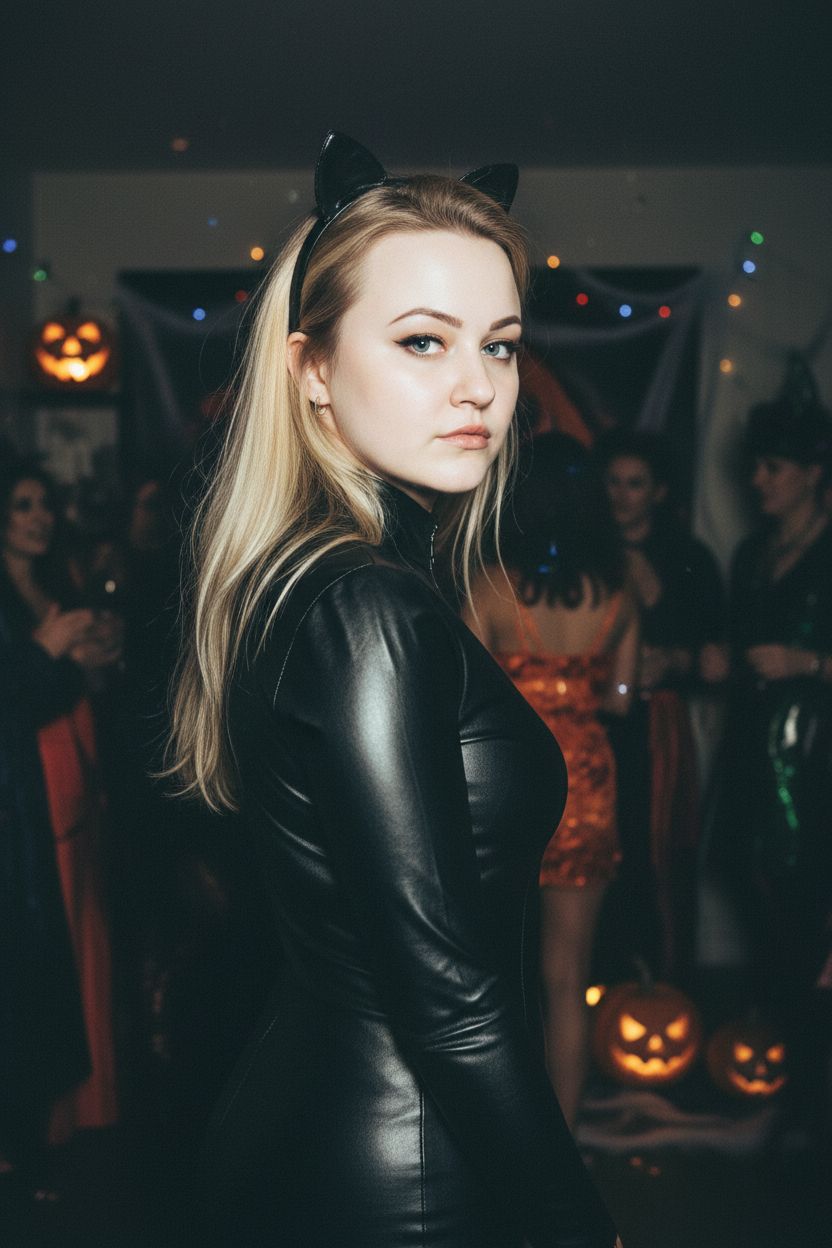 Сфотографируй меня в непринуждённом стиле на вечеринке в честь Хэллоуина. Я оглядываюсь через плечо на вечеринке в честь Хэллоуина в 1994 году. На заднем плане слабое освещение, но снимок сделан со вспышкой. Мой костюм - кожаный облегающий черный костюм женщины кошки, на голове ободок с кошачьими ушками. Черты лица точно такие же. Серьёзное выражение лица.