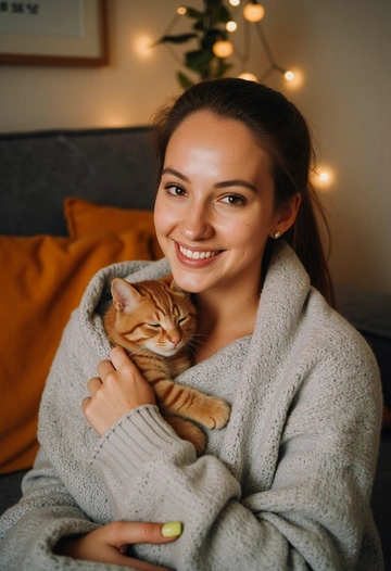 Женщина вязаным пледом укутала себя и рыжего кота, который свернулся клубком у неё на руках. Она смотрит прямо в камеру с тёплой улыбкой, а кот лениво прикрыл глаза. Позади размытая гостиная с гирляндами, создающая атмосферу уюта.