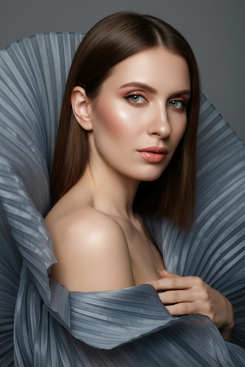    Создайте гиперреалистичный профессиональный студийный портрет женщины с волосами, уложенными на ровный пробор посередине, которые каскадом ниспадают на левое плечо (справа от зрителя) и частично скрыты за правым плечом (слева от зрителя). Камера снимается с немного низкого уровня глаз, глядя прямо на модель, охватывая ее от середины груди и выше. Голова слегка наклонена, взгляд прямой и притягательный.
Ее кожа безупречно гладкая и интенсивно сияет, словно подсвеченная мощным, сфокусированным источником света, подчеркивая мельчайшие поры и естественную текстуру кожи с сияющим, почти воздушным свечением, особенно в области декольте, плеч и верхних линий лица.

Её макияж тщательно проработан:
Глаза: чётко очерченные, ухоженные брови с заметными волосками, мягкие тени тёплых тонов (персиково-розовые и светло-коричневые) с лёгким мерцанием, чёткая чёрная подводка для глаз, создающая нежный кошачий взгляд, и идеально распущенные, объёмные ресницы, подчеркивающие каждую ресничку, с лёгким акцентом на нижних ресницах. Во внутреннем уголке глаза выделяется яркий блик. Радужки глаз отражают рассеянный студийный свет с изысканными узорами.
Щёки: лёгкий, растушёванный румянец натурального розового или персикового оттенка, изящно очерченные скулы и интенсивный, почти влажный блик на выступающих частях лица (скулы, переносица, дуга Купидона), создающий эффект увлажненности и сияния. Губы: губы нежного, естественного кораллово-розового или розово-персикового цвета с мягким атласным финишем, подчеркивающим тонкие естественные линии и текстуру губ, с лёгким бликом на дуге Купидона.

Она изящно одета в объёмную, струящуюся ткань с изящной плиссировкой, напоминающую прозрачный атлас или шёлк. Плиссированная ткань эффектно обрамляет фигуру, создавая объёмную, почти органичную форму, которая высоко поднимается за головой и огибает левое плечо (правое для зрителя), изящно струясь по груди и открывая обнажённые плечи. Материал обладает лёгким, сияющим блеском и мягкой полупрозрачностью, улавливая и отражая студийный свет, подчёркивая его роскошную текстуру и плавные движения. Складки очень детализированы, создавая глубокие тени и яркие блики, которые подчёркивают волнистую форму, а некоторые участки ткани также демонстрируют повышенную светоотражающую способность. Её правая рука (левая для зрителя) нежно касается ткани у груди, на ней видны ухоженные ногти. Освещение выполнено по принципу софтбокса, но с более сильным, концентрированным основным светом для создания интенсивного свечения, сохраняя при этом мягкие тени, которые подчёркивают черты её лица и изгибы плеч без резкости. Фон — гладкий, однотонный средне-серый, обеспечивающий чистый контраст и полностью фокусирующийся на модели. Общее впечатление — утончённая элегантность, изящество и гиперреалистичная детализация, передающая каждый нюанс её красоты, выражения лица и сложную текстуру её волос, кожи и одежды. Черты лица и особенности её внешности должны быть точно воспроизведены с референсной фотографии. Плиссированная ткань серо-голубого цвета