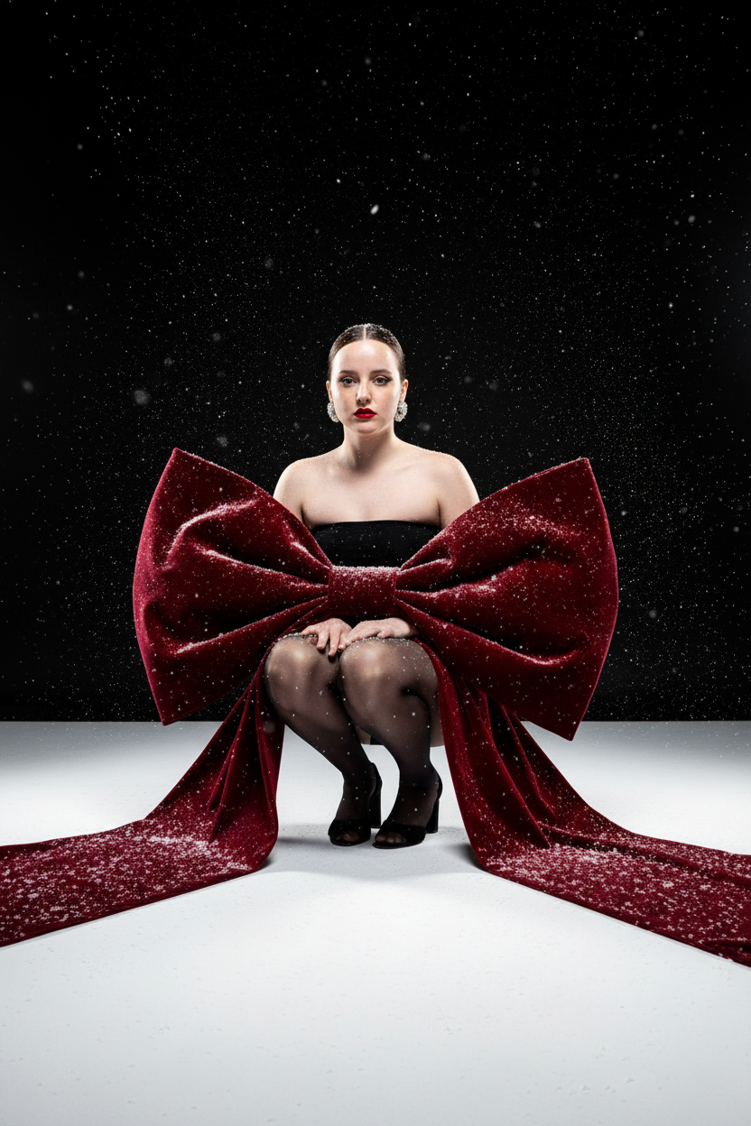Создай изображение не меняя черты лица. Студийный портрет в стиле рождественской/новогодней модной кампании. Я в элегантной, присевшей позе, взгляд сфокусирован прямо в камеру. Огромный, гипертрофированно большой, роскошный бант из красного бархата, который обернут вокруг тела модели как кутюрный элемент одежды  с очень длинными, широкими ниспадающими концами, которые тянутся по полу. Бант и белый пол покрыты имитацией снега. Минималистичный черный топ без бретелей (bandeau) ,темные, полупрозрачные колготки, черные босоножки с открытым носом, на среднем каблуке. Гладко зачесанные назад волосы. Классический, выразительный макияж: яркая алая помада, четкие черные стрелки, хайлайтер. В ушах крупные, блестящие серьги-гвоздики.

Драматичное, контрастное студийное освещение (split lighting). Ярко освещенный белый пол/поверхность. Фон — глубокий черный, с эффектом динамично падающего яркого снега (snow dust effect).Фотография в высоком разрешении, гиперреализм, кинематографическое качество, профессиональный editorial-снимок для обложки Vogue, снято на камеру Hasselblad.