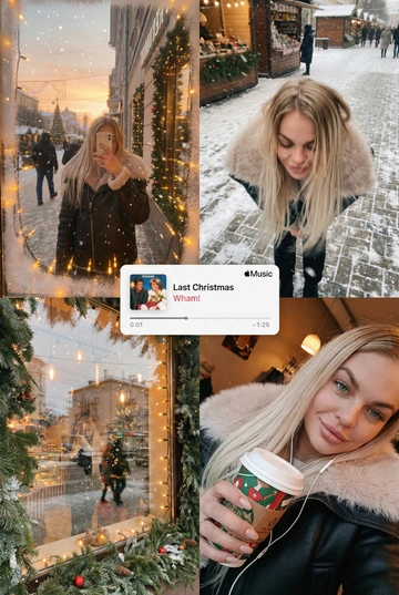  Многопанельный коллаж в стиле зимнего постера, передающий рождественскую атмосферу улицы, снятый как спонтанная фотография на iPhone. Сцена выглядит естественной, уютной и реалистичной: мягкий снегопад, тёплые отражения в окнах и едва заметная аналоговая зернистость создают праздничное, но сдержанное рождественское настроение. Все кадры объединены единым визуальным образом и ощущением зимнего уюта. 
 
В верхнем левом кадре — отражающая витрина магазина на закате. Слабые рождественские огни и матовые края стекла окружают человека, который держит телефон, частично закрывающий лицо. Тёплые блики света, гирлянды, уличные огни и проходящие силуэты создают мягкое размытие и многослойные отражения в стекле с естественным искажением кривизны. 
 
В верхнем правом кадре — крупный план, снятый сверху вниз, на заснеженном тротуаре или возле рождественского рынка. Человек небрежно наклоняется вперёд, создавая ощущение движения и спонтанности. Падающий снег формирует лёгкое размытие, а поверхность земли слегка искажается в зависимости от ракурса объектива, усиливая эффект съёмки с рук, без постановки. 
 
Нижний правый кадр — интимное селфи, сделанное сверху при тёплом уличном или кафешном освещении. В руках — праздничный напиток на вынос (кофе или глинтвейн), заметны проводные наушники. Детали хорошо проработаны, а мягкая зернистость усиливает ностальгическое рождественское настроение. 
 
В центре коллажа расположен минималистичный мини-плеер в стиле Apple Music, отображающий популярную рождественскую песню (например, «Last Christmas» или «All I Want for Christmas Is You»), выполненный в плоском, чистом дизайне без теней. 
 
Цветовая палитра тяготеет к тёплым янтарным, мягким красным, сосново-зелёным и приглушённым зимним серым тонам, создавая атмосферу праздничной близости, визуальной теплотой и эмоциональной узнаваемости — без ощущения постановки или футуризма.