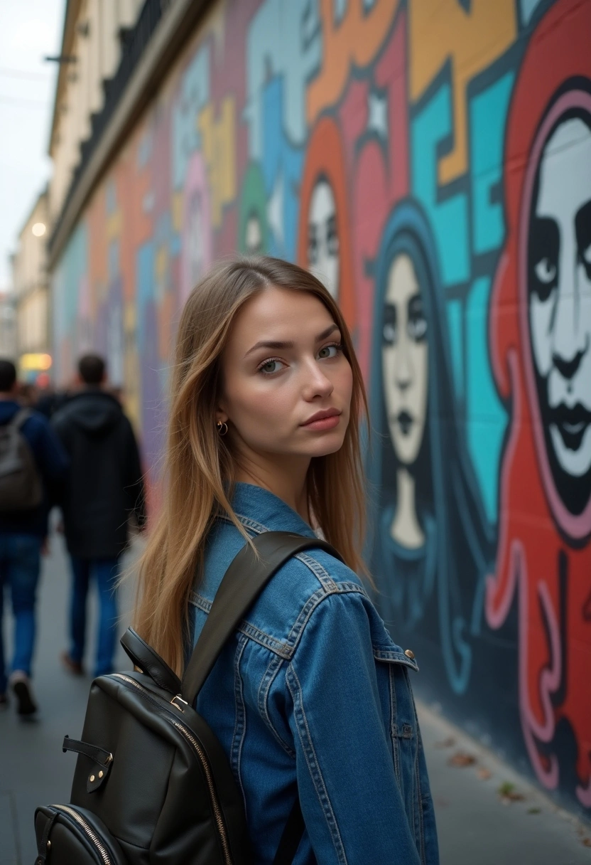 Женщина с рюкзаком стоит на фоне расписной стены с граффити известных артистов, смотрит прямо в камеру, вокруг прохожие