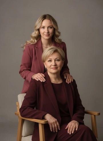 Создано с помощью сервиса Объединить два фото

Промпт пользователя:
Две женщины в элегантных костюмах в минималистичной студии, одна сидит в деревянном кресле, другая стоит позади и нежно держит её за плечи — тёплая, интимная и поддерживающая атмосфера; смотрят в камеру. нейтральный фон, мягкое рассеянное светление, приглушённая палитра в коричнево-серых тонах, портретный кадр по пояс. сидящая женщина лет 50-65, в темно-бордовом пиджаке и блузе, руки на груди/за краем кресла; стоящая девушка молодая  в темно-розовом пиджаке, наклонена вперёд, обе руки на плечах сидящей (жест поддержки).
Волосы/внешность: молодая с длинными волосами, другая меллирование аккуратный, естественный бьюти‑стайлинг.
Одежда и аксессуары: классические пиджаки, лаконичные украшения (маленькие серьги, тонкая цепочка, браслет, кольцо), аккуратный маникюр. Освещение: тёплое, мягкое, ...

#блондинка #рыжая #деловой #женщина #совместное #студия #костюм #тренды #иисервис