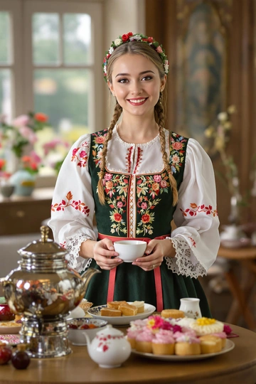 Молодая женщина в расшитом зелёном сарафане и белой рубахе с кружевными рукавами стоит у круглого стола, на котором лежат расставленные румяные пироги и самовар. В руках она держит чайную чашку, мягко улыбаясь и смотря прямо в камеру. Летний интерьер русской избы, акцент на лице и деталях народного костюма.