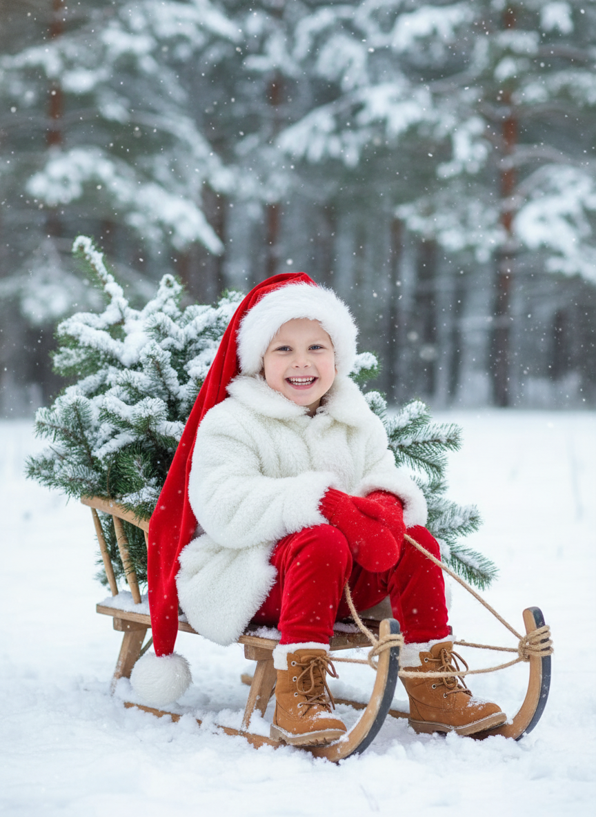 Создайте фотографию счастливого улыбающегося ребенка в 8K-качестве, в длинной шапке Санты, доходящая до бёдер, красных варежках и  и белое зимнее пальто или куртка с отделкой и подкладкой из белого меха или шерпы на воротнике, манжетах и ​​спереди поверх красных бархатных брюк. Коричневые ботинки из замши со шнурками. Ребенок сидит на санках. К санкам на веревке привязана свежесрубленная сосна (ель). На заднем плане — заснеженный лес. Это идиллическая и праздничная зимняя фотография с мягким падающим снегом. Сохраните черты лица человека на представленном фото.