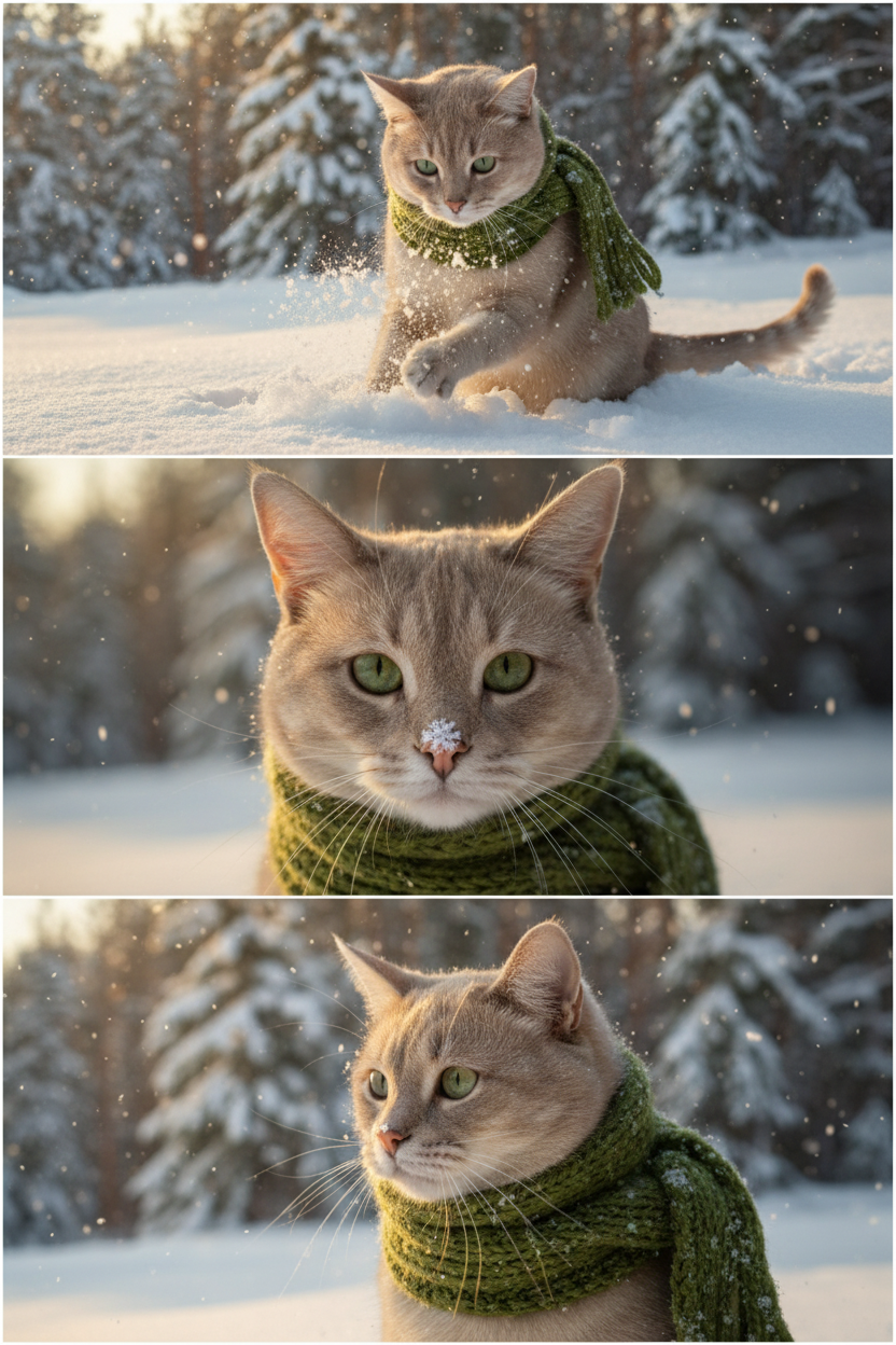     Коллаж из 3-Х фото моего питомца на зимнем фоне в снегу. Питомец в вязаном шарфе, вокруг падает снег, на заднем плане заснеженный лес.

Первый кадр — питомец в полный рост. Он играется со снегом 

Второй кадр — крупный план, увеличенный кадр мордочки питомца с одной снежинкой на носике. Мордочка питомца занимает весь кадр, взгляд прямо в камеру 
 
Третий кадр - портрет питомца, он смотрит в левую сторону. На фото виден шарф, на шарфу есть снежинки 

Три кадра объединены в вертикальный коллаж в едином тоне и свете. Атмосфера — реалистичная, теплая и немного кинематографичная.
Свет мягкий, утренний. Цвет шарфа - зеленый