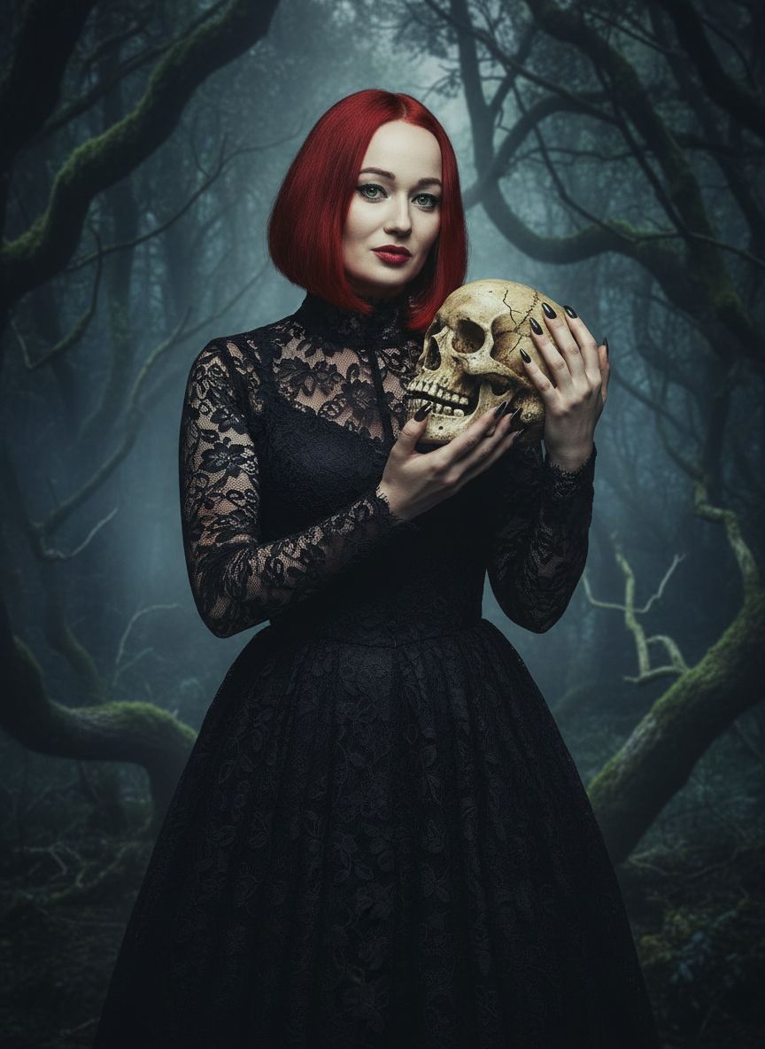 Мрачный готический портрет. Крупный план. Женщина в чёрном кружевном платье бережно держит в руках человеческий череп, позирует спокойно и загадочно. Фон в тёмно-зелёных тонах леса. Атмосфера меланхоличная, элегантная, в готическом и кинематографичном стиле.