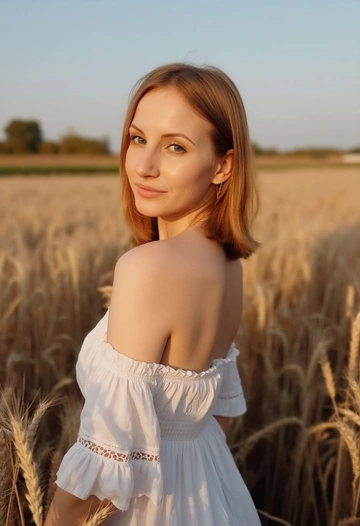 Фотосессия в стиле кантри. Женщина посреди пшеничного поля в белом бохо платье и ковбойских черных сапогах. Лицо освещено, детализированная кожа. Закат. Она в центре внимания. Крупный план. Цвет фото золотисто-бежевый, лучи закатного солнца заполняют весь кадр. Женщина стоит к камере спиной, поворачивает голову через плечо, волосы подсвечены закатом