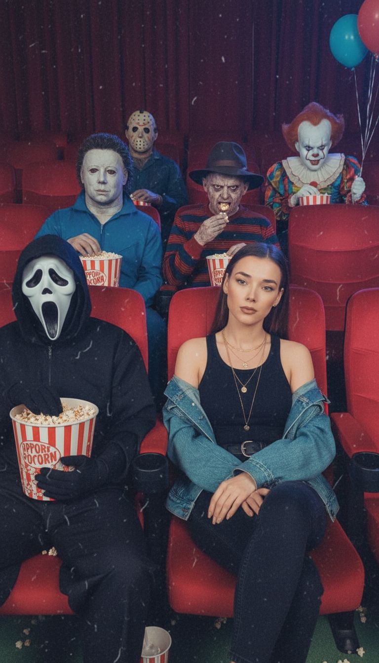 Создайте фотографию меня и Ghostface, сидящих рядом друг с другом и пьющих попкорн. Майкл Майерс, Фредди Крюгер и Чаки сидят в одном ряду позади нас, а Джейсон и Пеннивайз сидят в двух рядах позади нас в кинотеатре и едят попкорн. На ней изящные золотые украшения, включая изящные золотые ожерелья. На мне чёрная майка, свободная джинсовая куртка, свисающая с плеча, и чёрные джинсы. Её макияж простой, но гламурный: коричневый блеск для губ и коричневый карандаш для губ. Фотография должна быть в стиле 90-х с зернистым эффектом. Моё лицо должно быть точно таким же.