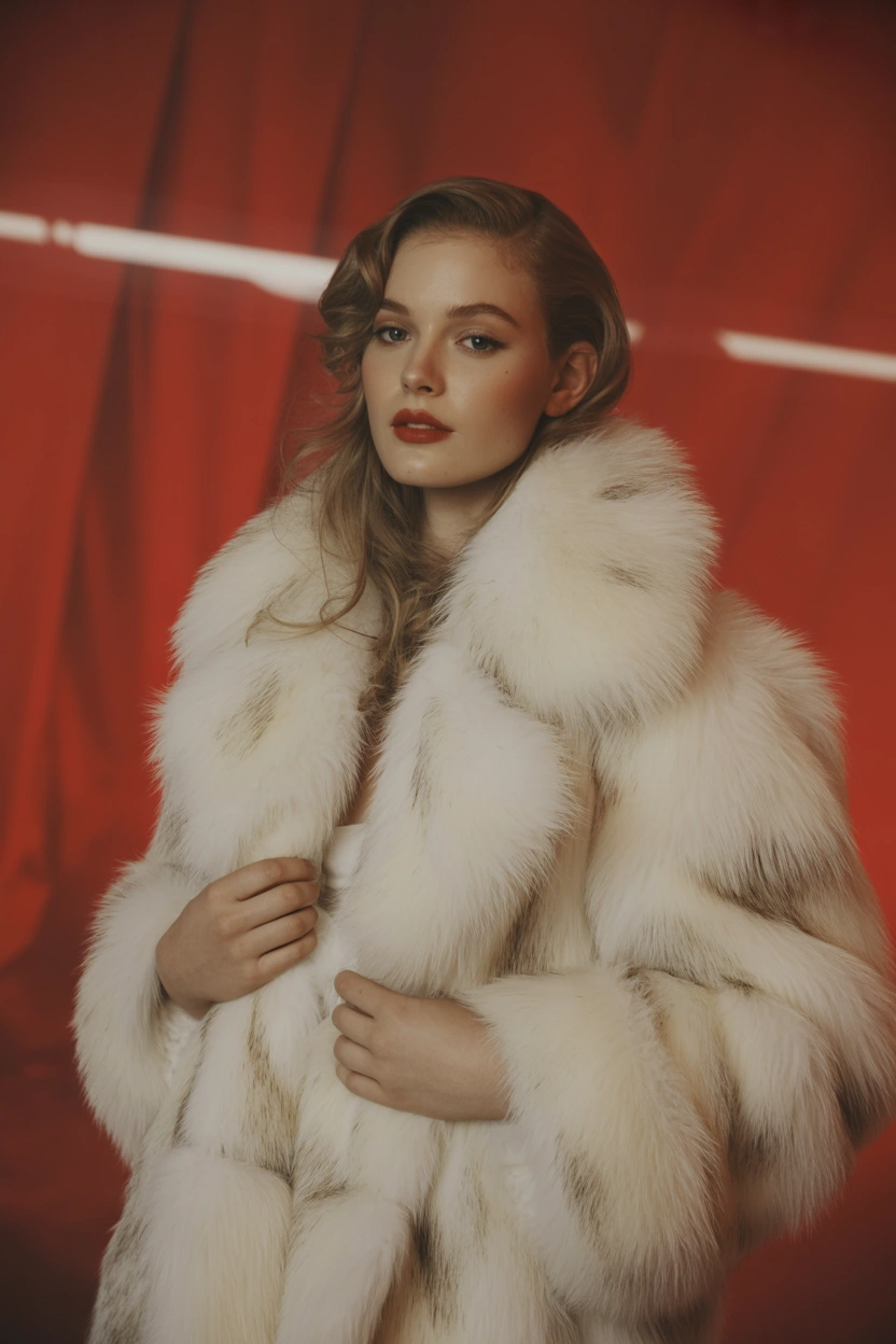 Женщина в студии на красном фоне в роскошной белой шубе с крупным воротником из длинного мягкого меха, средний план, стоит лицом к камере и уверенно смотрит прямо, распущенные волосы, гламурный макияж, атмосфера съемки для винтажного модного ретро-журнала.