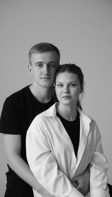 Черно-белый портрет мужчины и женщины в стиле фэшн фотосессии в фотостудии. Не изменяйте лица. Фон нейтральный, однотонный, светло-серый. Атмосфера интимная и спокойная. На переднем плане женщина. Она одета в черный топ, белую оверсайз рубашку. Мужчина одет в в черной футболке. Вся композиция выполнена в приглушенной монохромной гамме со студийным освещением, которое подчеркивает текстуру кожи и одежды.  Они сидят близко друг к другу, мужчина обнимает женщину за плечи.