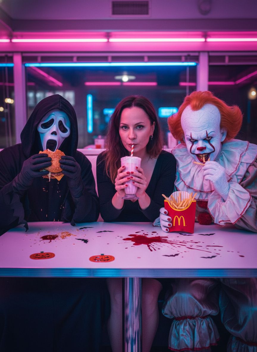 Создайте кинематографическую фотографию на тему Хэллоуина в ночном ретро-американском ресторане, освещённом розовыми и синими неоновыми огнями, отражающимися от стен и окон. За столом сидят три персонажа: слева — человек в маске Призрачного Лица из фильма «Крик», едящий гамбургер; в центре — я, как на прикреплённом изображении, женщина в чёрном костюме, держащая стакан и пьющая розовый молочный коктейль через трубочку. В левой руке она держит соломинку, а в правой — стакан; справа — человек в костюме Пеннивайза, клоуна из фильма «Оно», ест картофель фри из McDonald's. Стол украшен наклейками с летучими мышами и тыквами, а также на нём есть пятна искусственной крови. Атмосфера жуткая, но весёлая, смешивает юмор и ужас. Все трое смотрят в камеру. Высококачественная съёмка, кинематографическое освещение, яркое неоновое свечение, детальные текстуры.